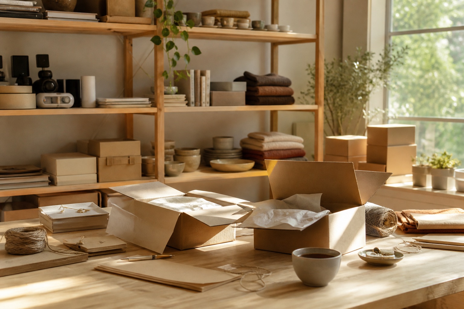 Home packing studio with wooden shelves, kraft boxes, and mixed shop goods