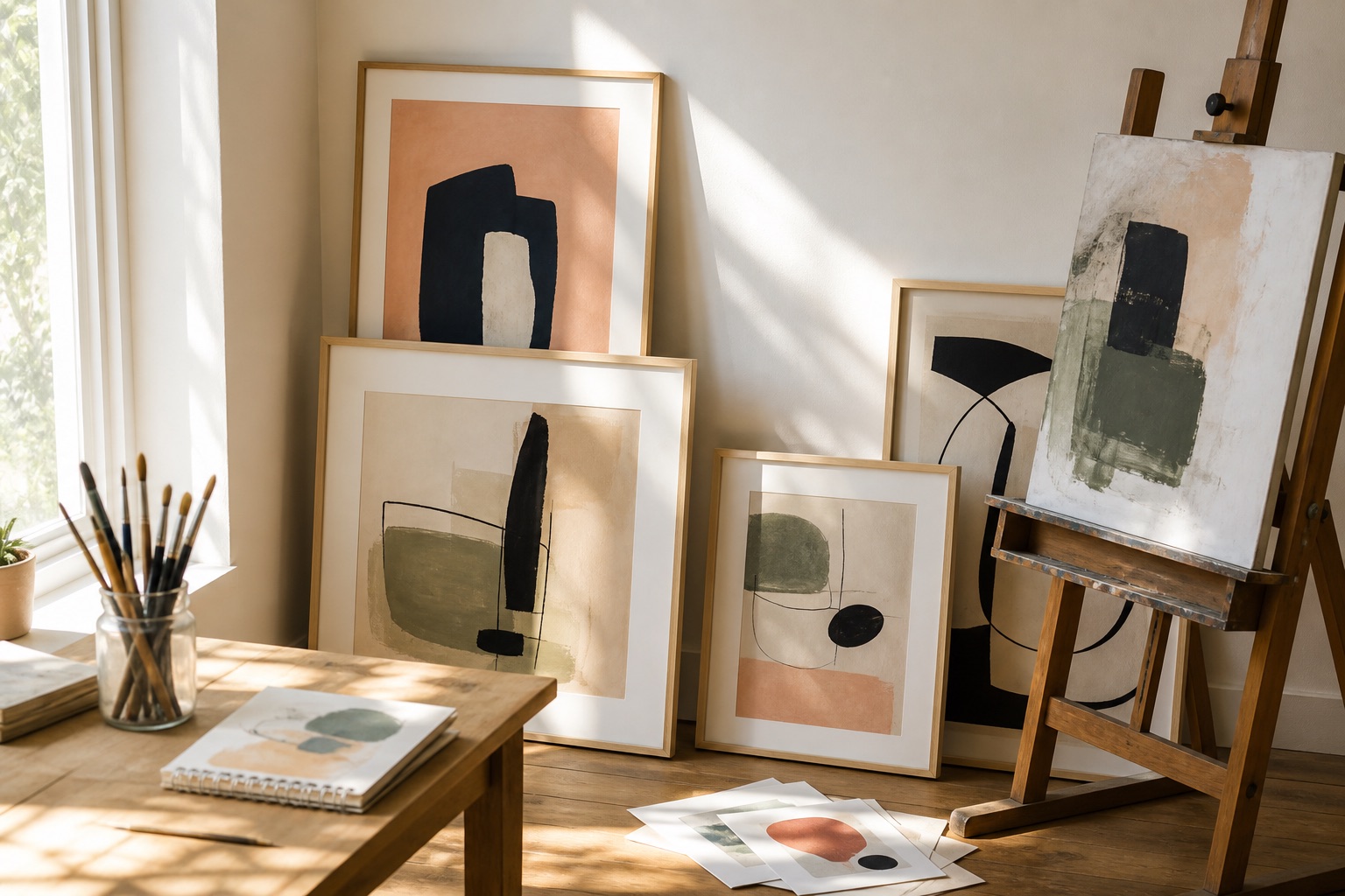 Framed prints, a small canvas, brushes, and a sketchbook in a studio