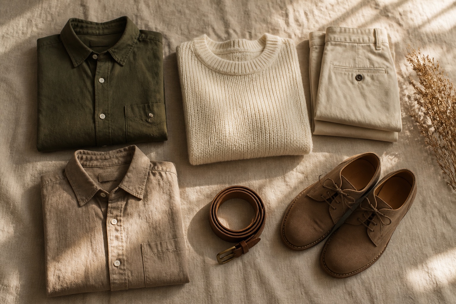 Folded earth-tone clothing arranged on linen