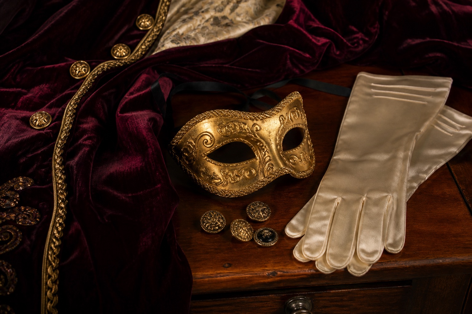 Burgundy velvet, a gold mask, and silk gloves on a wooden table