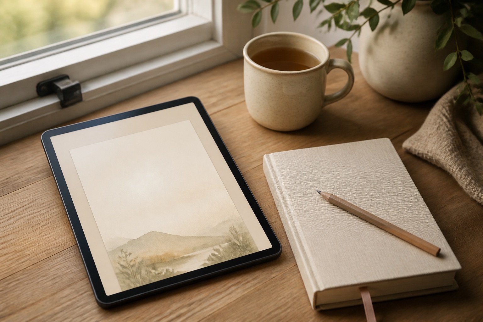 Tablet, linen journal, pencil, and tea on a table by a window