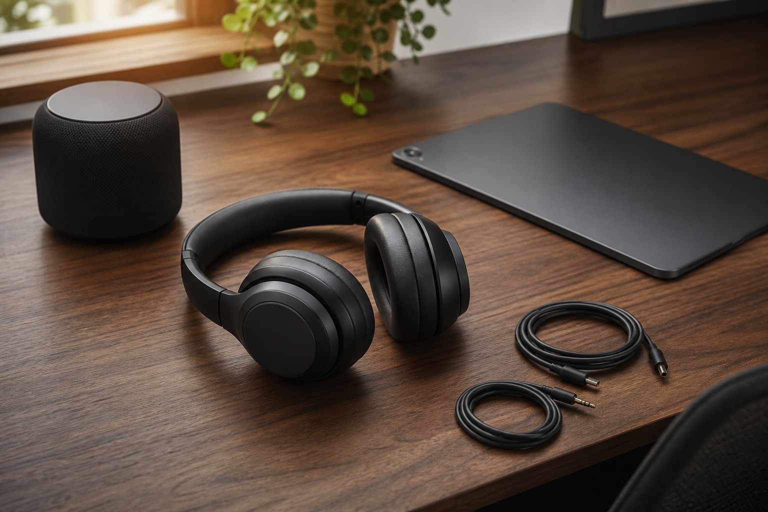 Headphones, tablet, speaker, and cables on a walnut desk