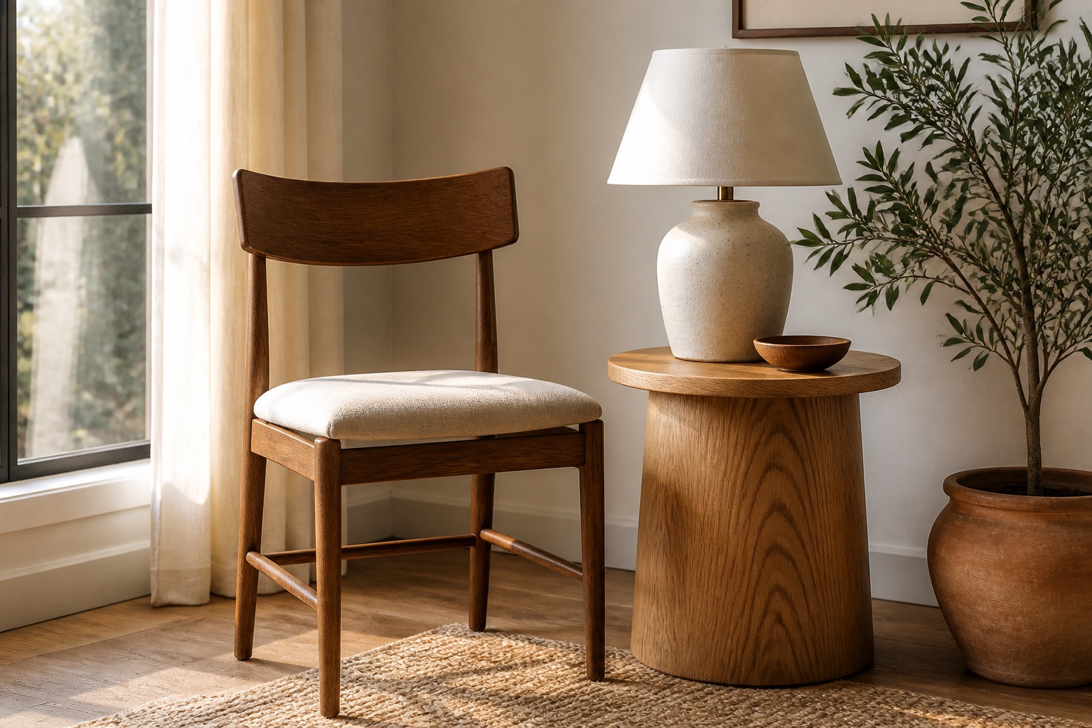 Wooden chair, oak side table, lamp, and plant in a sunlit room