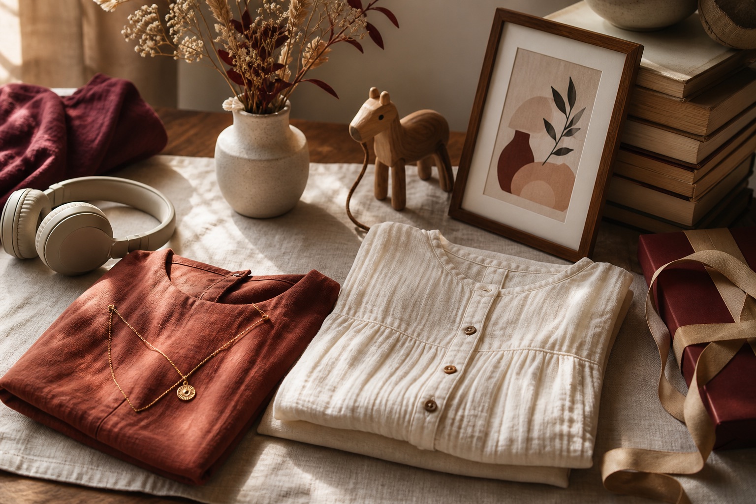 Curated clothing, jewelry, art, and home objects arranged on a linen table