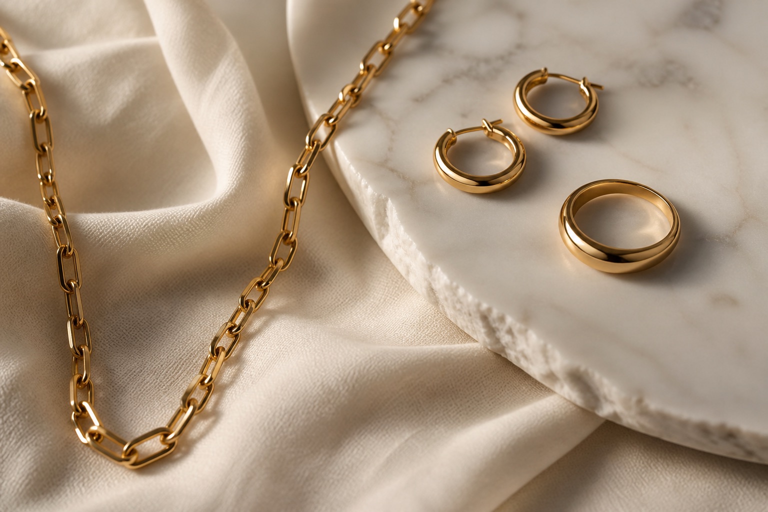 Gold necklace, hoop earrings, and a ring on marble and linen