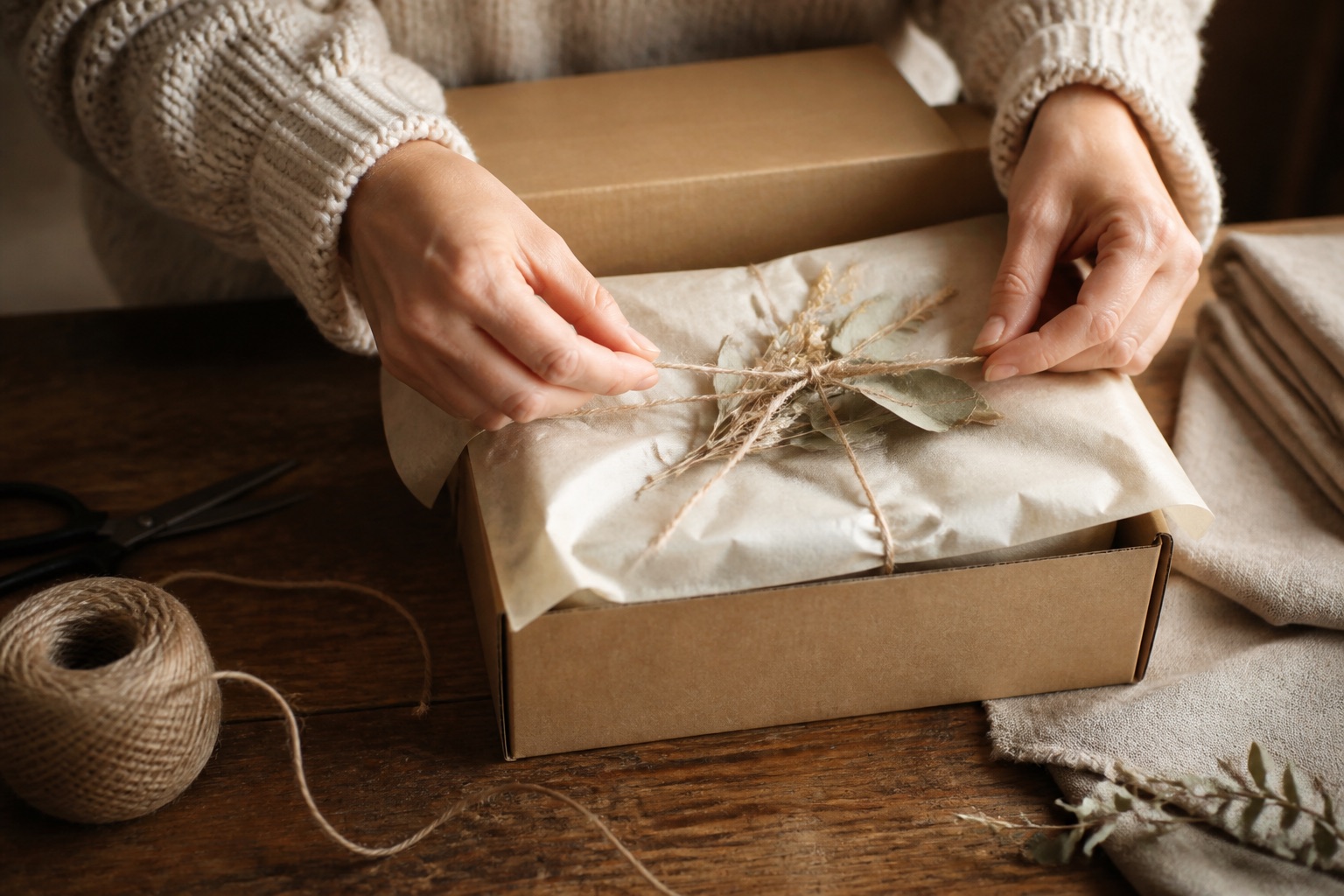 Hands packing a kraft box with tissue paper and dried botanicals