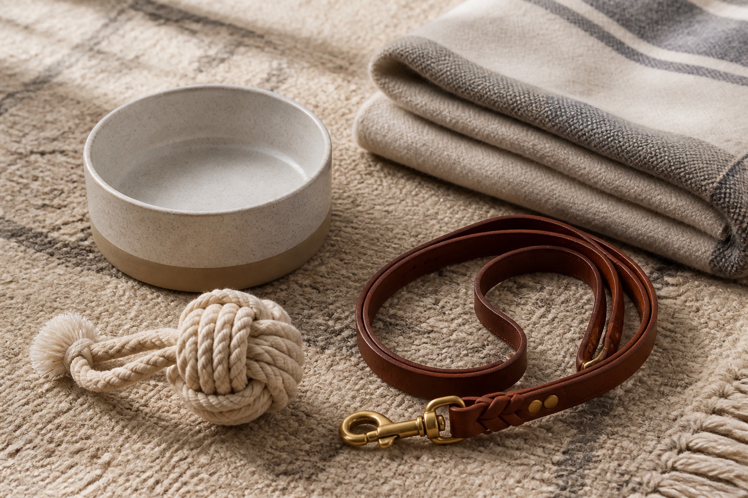 Ceramic pet bowl, leather leash, rope toy, and blanket on a rug