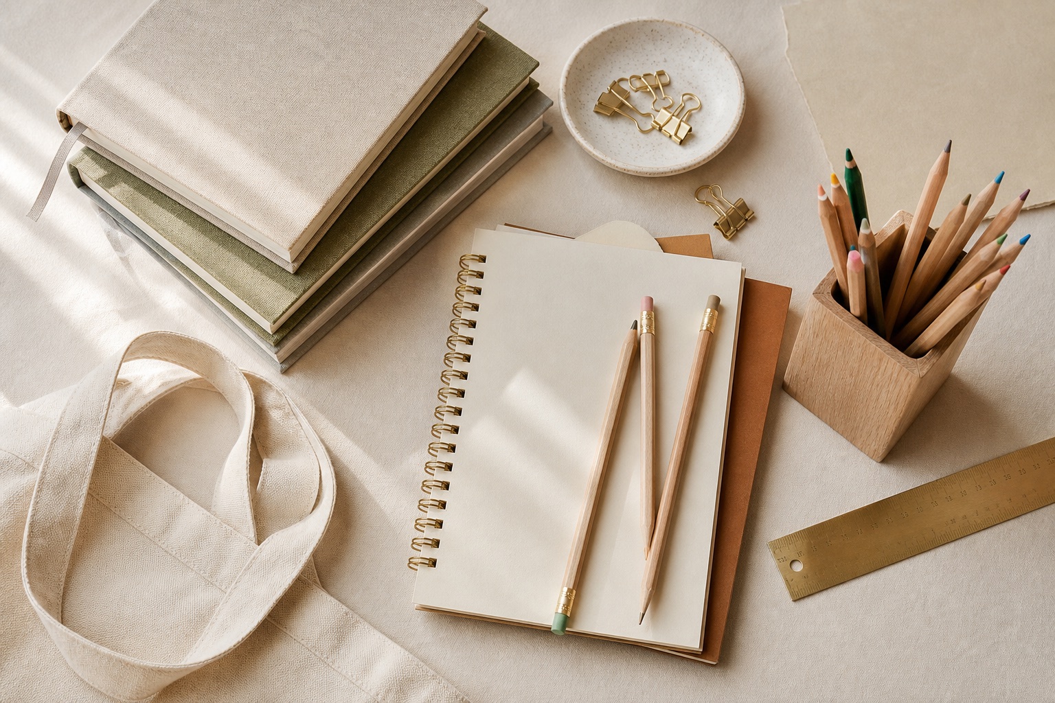 Notebooks, wooden pencils, a canvas tote, and a brass ruler